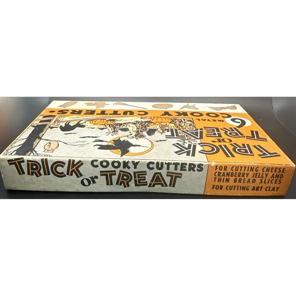 Vintage Trick or Treat Set of 6 Metal Halloween Cooky Cookie Cutters with Box